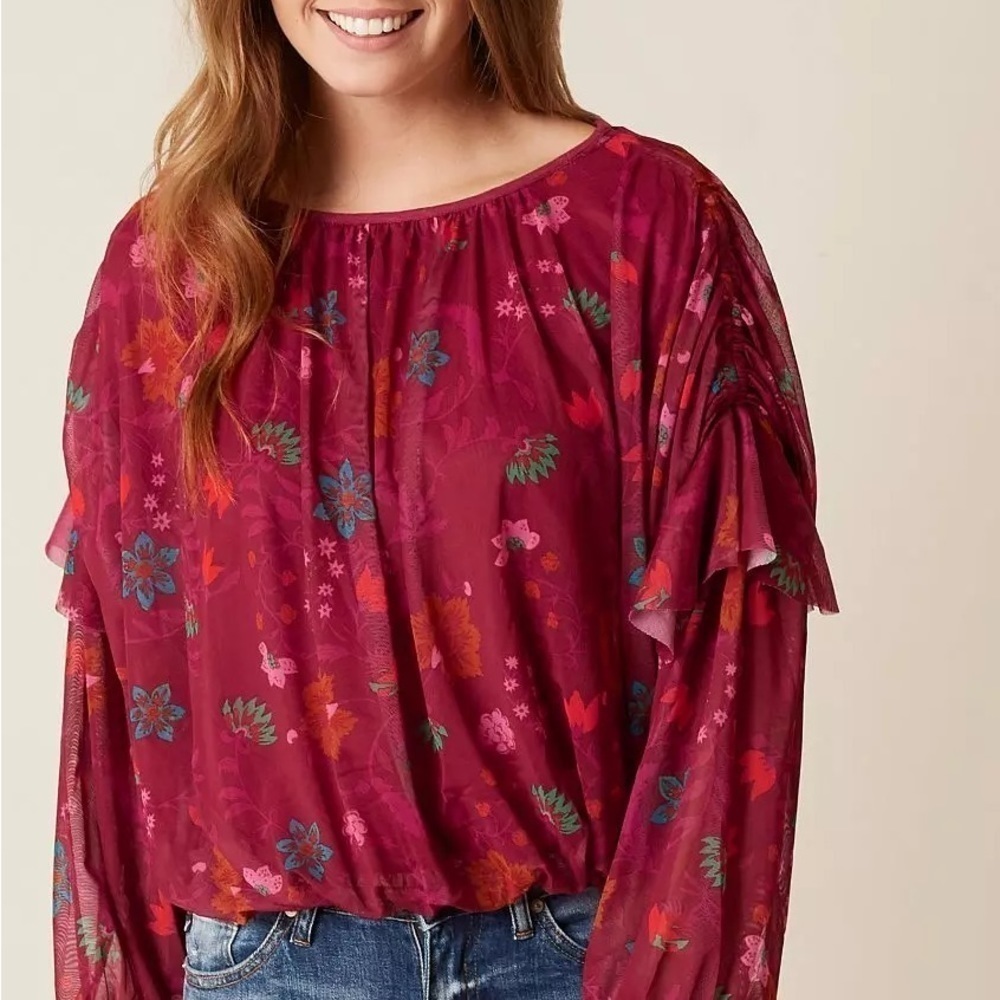 Wildflower Honey Mesh Floral Blouson Ruffle Top M